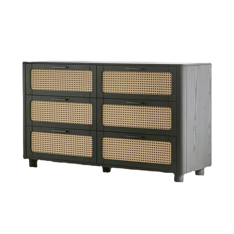 

French solid wood six-chest cabinet retro rattan storage cabinet wabi sandy wind small apartment household entrance drawer