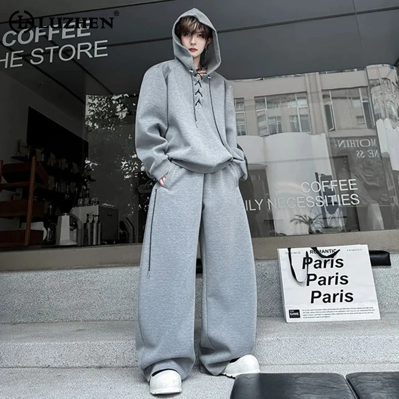 

LUZHEN Fashion Street Two-piece Sets Men's 2025 Autumn New Cross Drawstring Hoodies Pullover Loose Straight Casual Pants JY3808