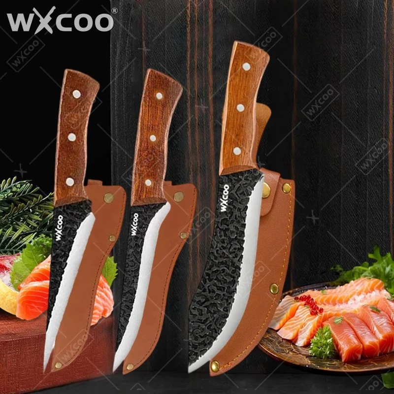 WXCOO Kitchen Knife Full Tang Hand Forged Boning Knife Meat Cleaver Butcher Knife Stainless Steel Rosewood Handle with Sheath