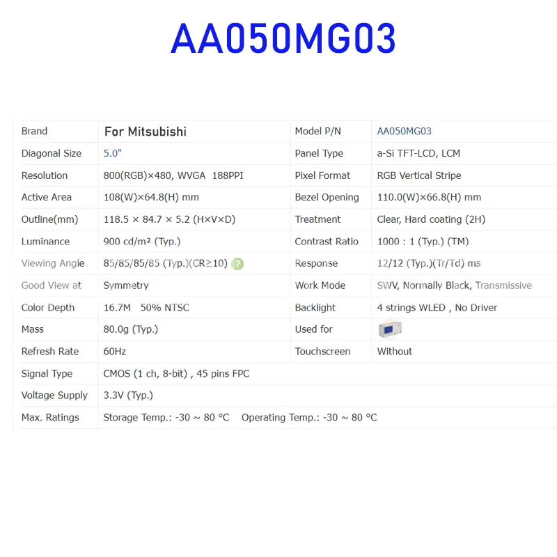 AA050MG03 5 Polegada Industrial TFT LCD Tela 45 Pinos 800*480 Original para Mitsubishi