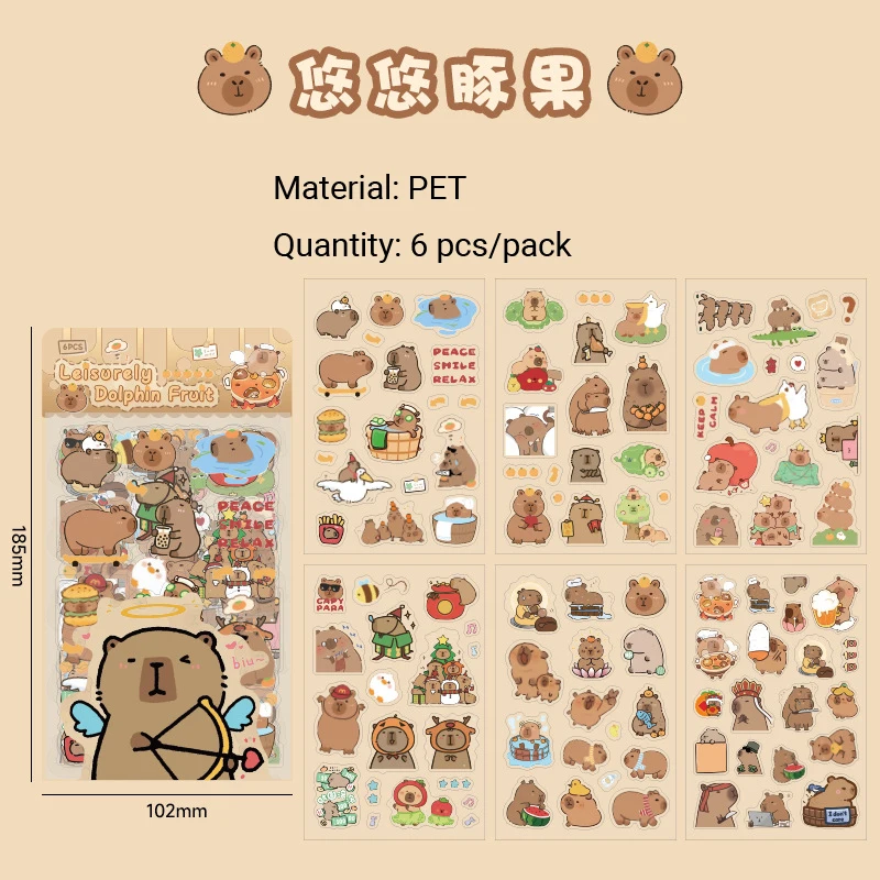 6pcs Cute Capybara Sticker Waterproof Kawaii Children Stickers   Pack Scrapbook Korean Stationery Art Supplies Diary Decoration