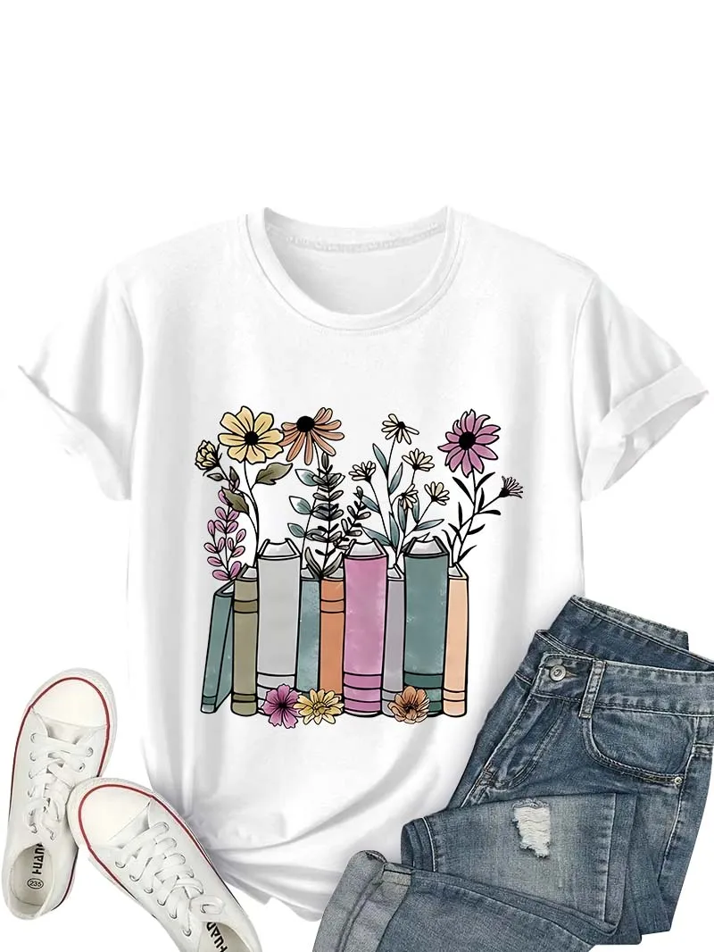 Camiseta feminina branca plus size com estampa de livro e flores para livro - eventos temáticos e jardim - passeios inspirados