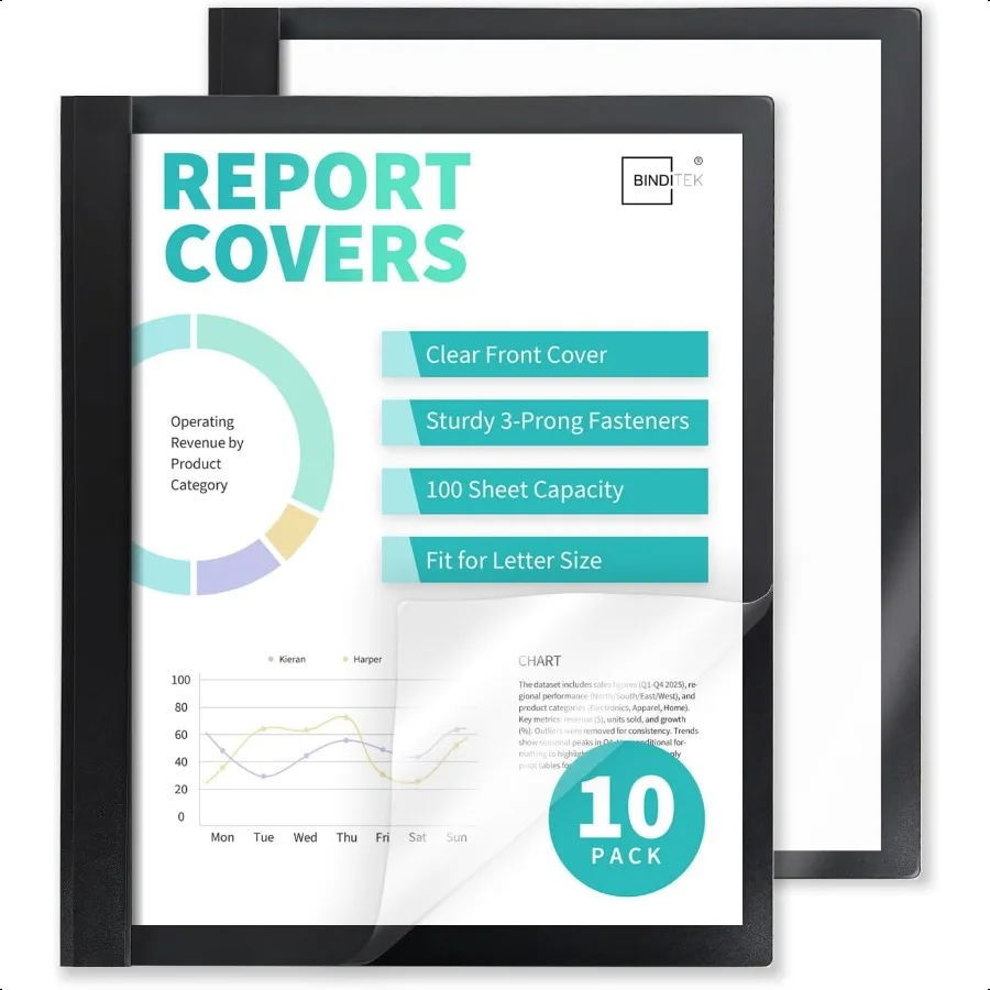 

10 Pack Clear Front Report Covers with 3 Prongs 100Sheet Capacity HeavyDuty Plastic Report Folder with Black Back Covers etal P