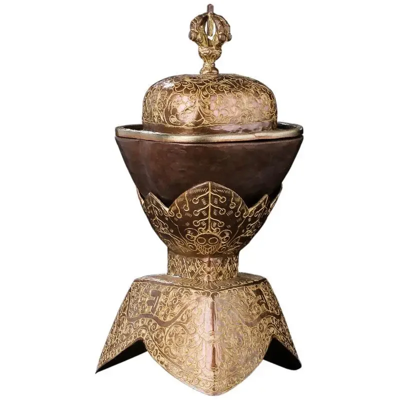 Cuenco de Toba de Nepal, muebles de altares tibetanos marrones, artesanía de cobre tántrico de Toba, colección de artículos religiosos budistas