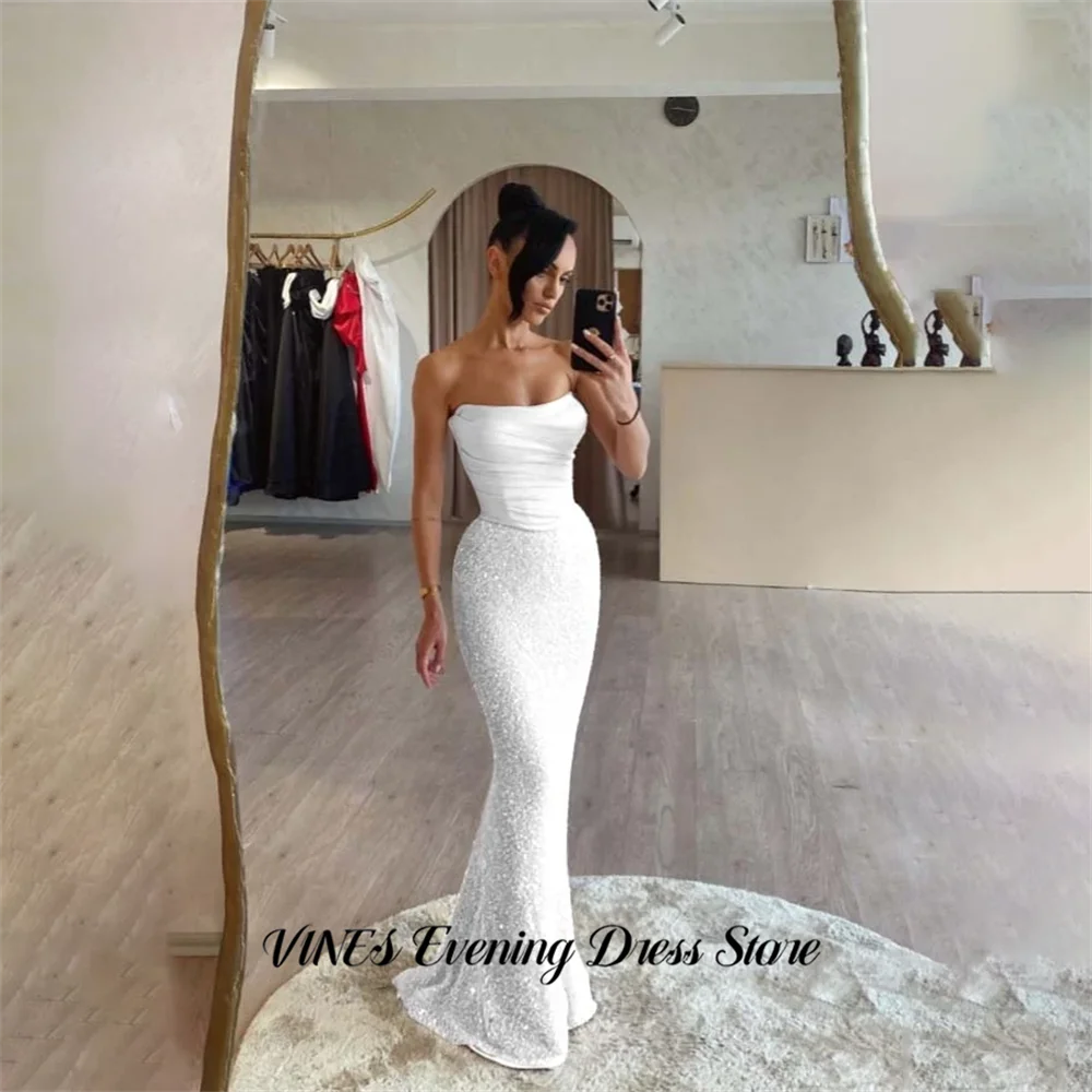 

VINES White Formal Gown Strapless Mermaid Prom Dresses with Glitter Sequin Evening Dress Floor Length Modern Style Customized