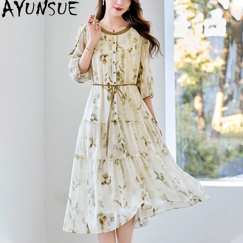 AYUNSUE 100% Natural Mulberry Silk Dress Women Clothing Elegant Womens Dresses Print Fashion Summer Dress Lace-up Платье Женское