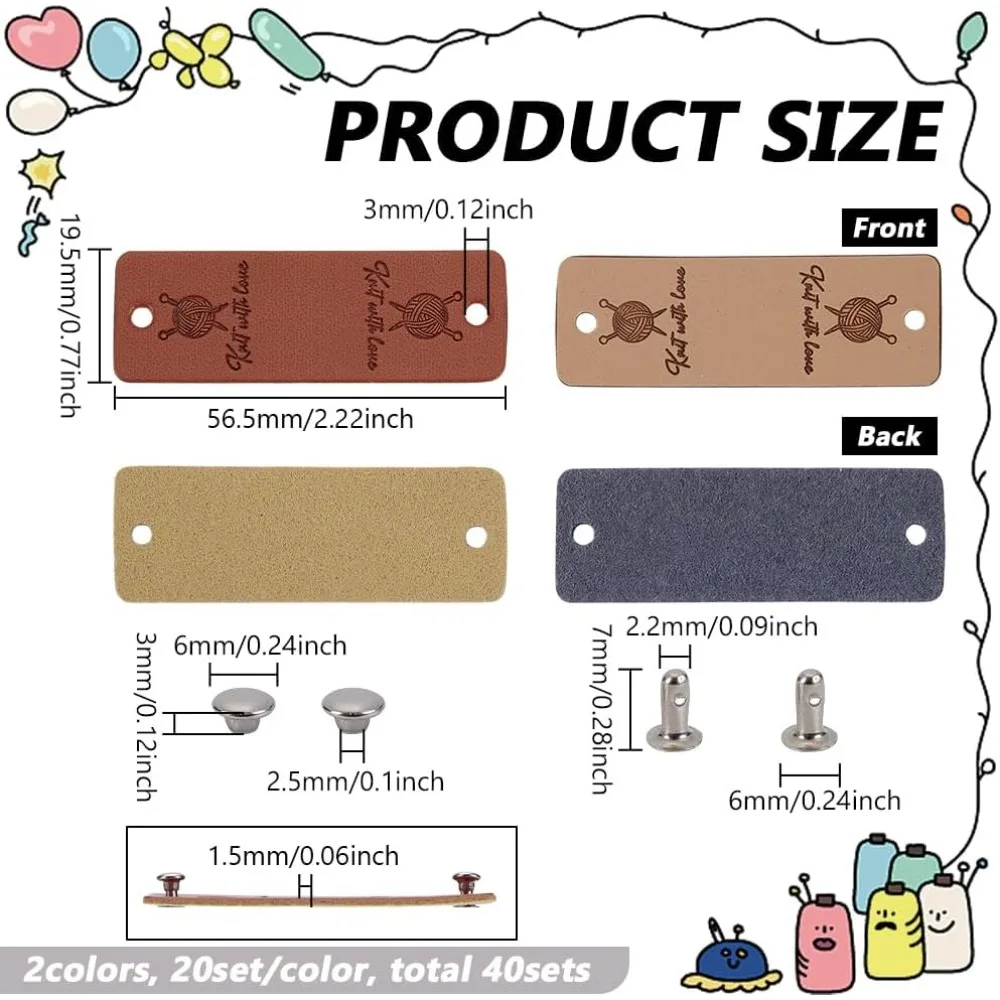 40 Sets PU Leather Label Handmade Tag with Rivets 2.2inch Beige PU Leather Clothing Labels with Hole Rectangle Shape