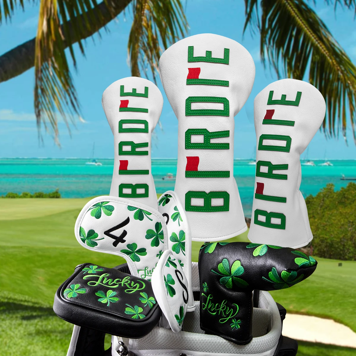 Beyaz Birdie Aplikeli Premium Deri Golf Başlıkları, Golf Sürücüsü Baş Örtüsü, Nakış Şanslı Yonca, Fairway(FW) Ahşap