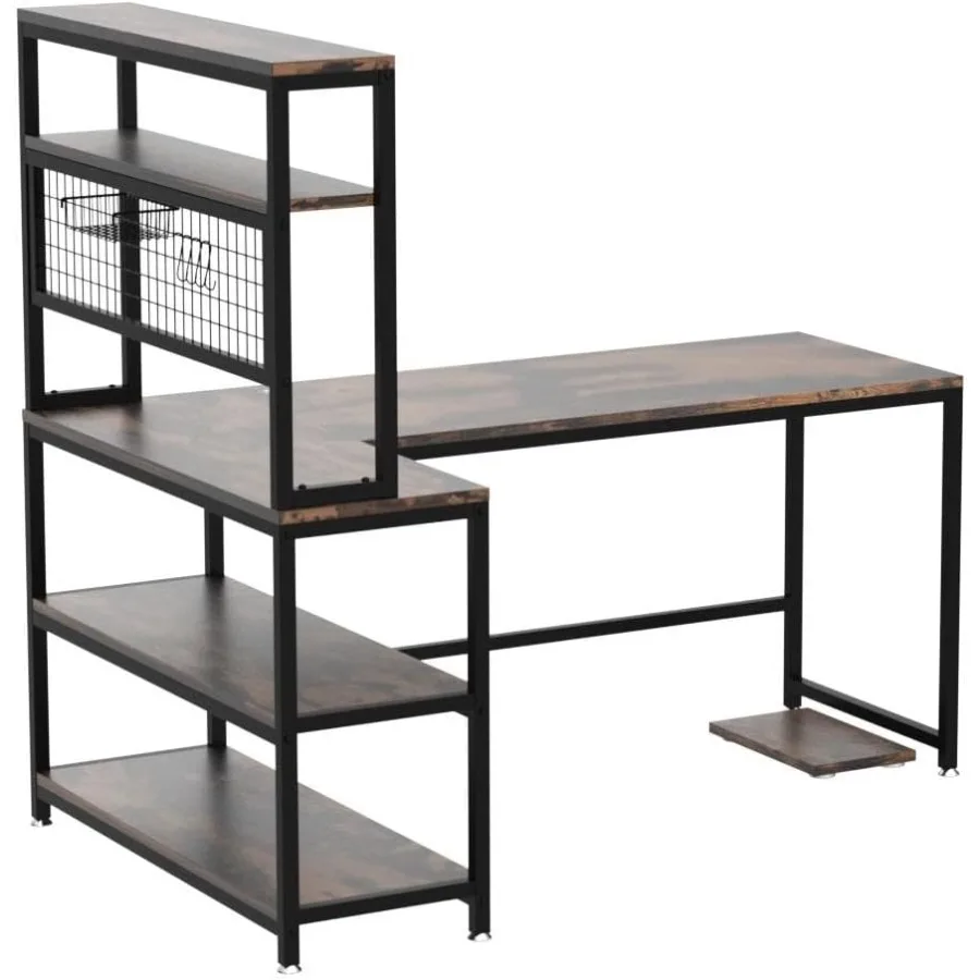 مكتب كمبيوتر 55 LShape مع قاعدة وشحن لاسلكي لطاولة دراسة المكتب المنزلي مع 5 أرفف وحامل وحدة المعالجة المركزية المتحرك Moder #4