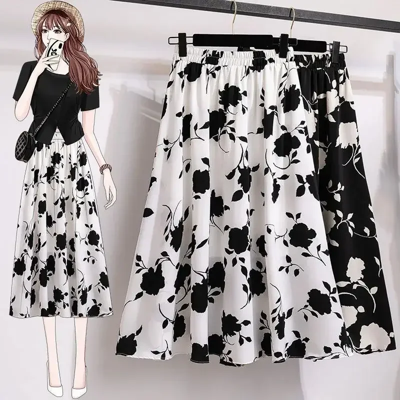 

Plus Size High-Waisted Slimming Plus Size Women's Rose Skirt 2024 Summer Medium-Length Stylish BBQ Hip Covering Casual Dress