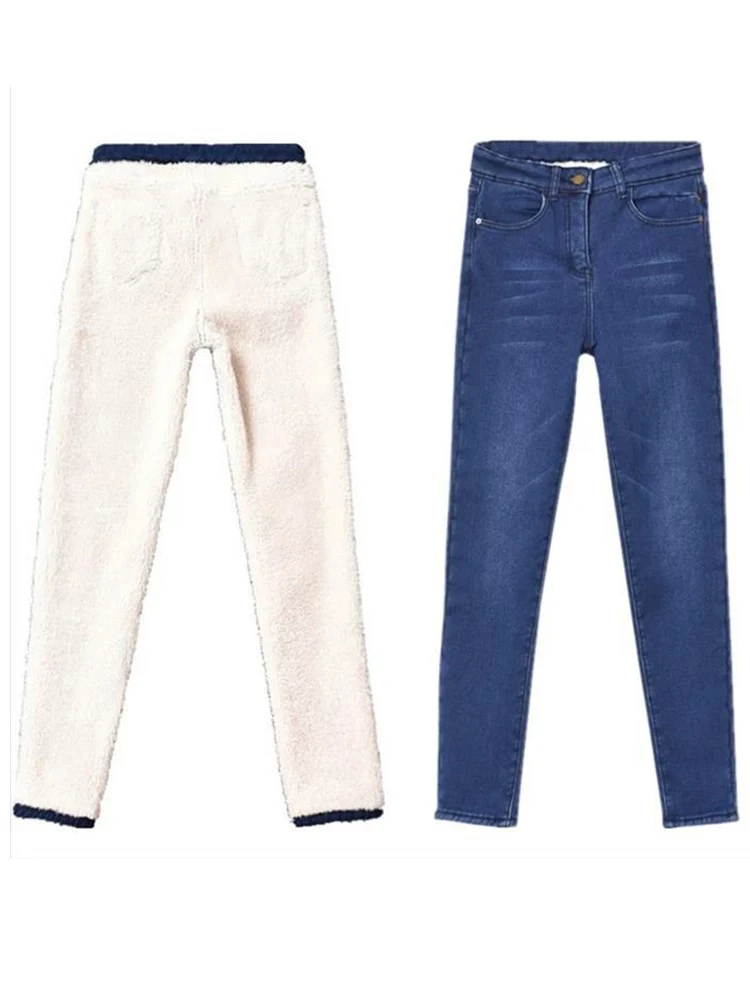Thicken Winter Lambwool Slim Jeans Women's Warm Oversized 34 Fleece Lined Skinny Pencil Denim Pants High Waist Stretch Trousers
