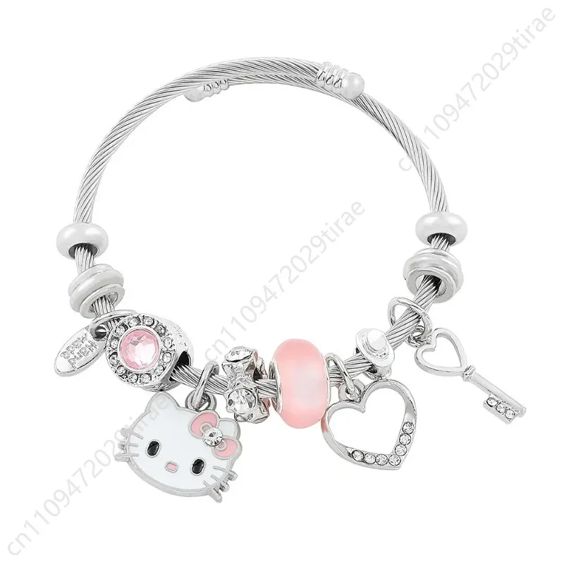

Sanrio Hello Kitty Charm Bracelet Heart Key Pink Bead Accents Adjustable Fit Sparkling Design Sanrio Fans Cosplay Accessories
