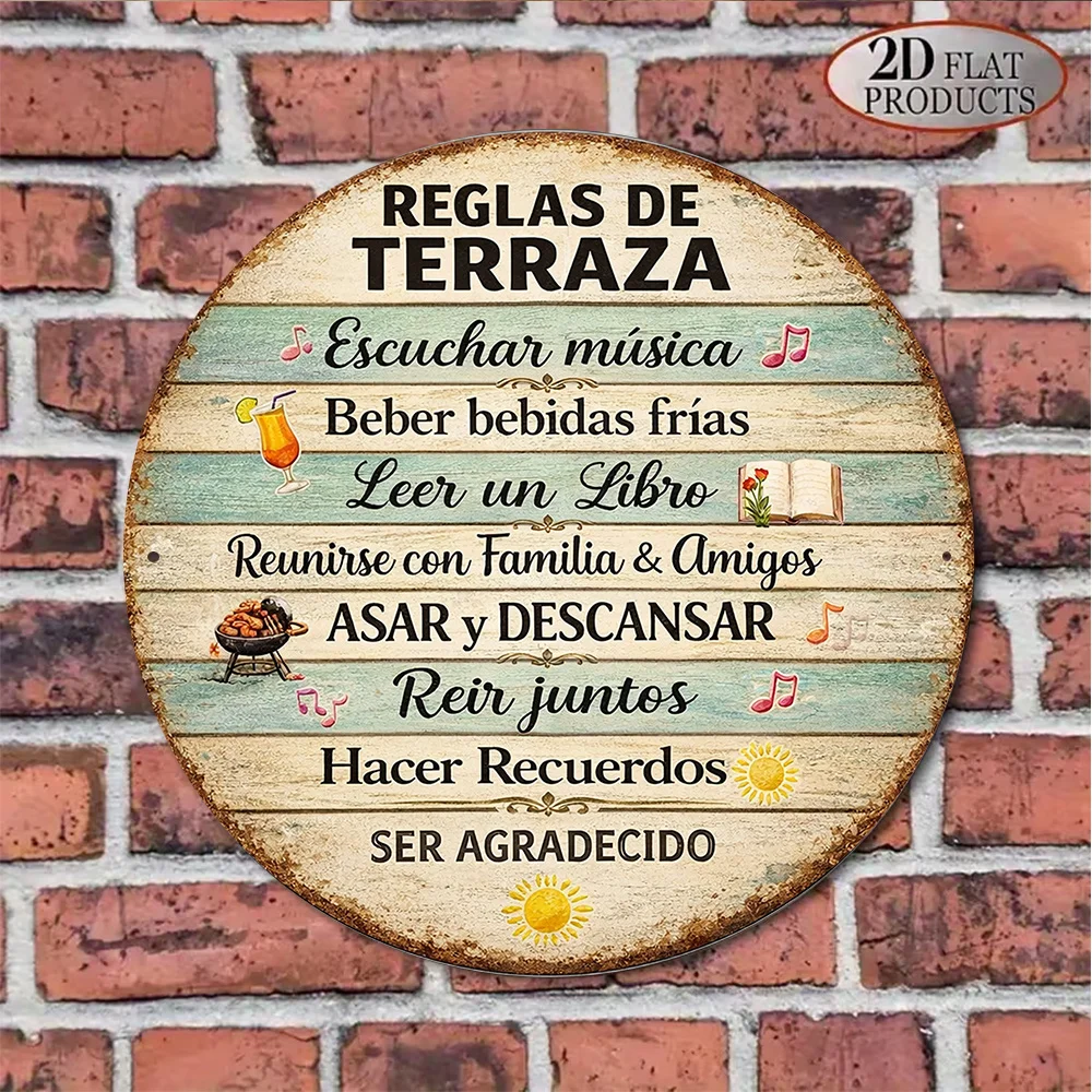 2D Vintage Metal Sign, Round Aluminum Plaque Patio Rules, Outdoor Party Garden Wall Decor for Yard Balcony