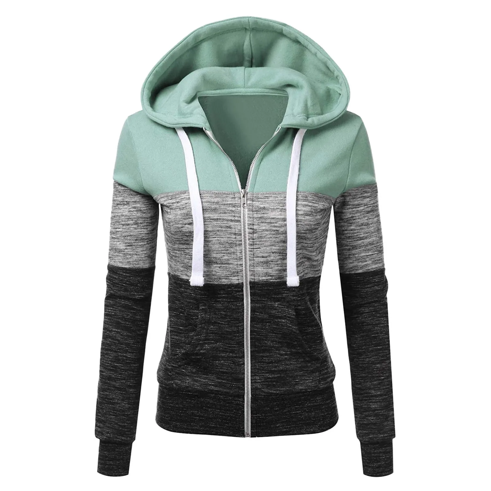 2024 Women\'S Patchwork Hoodies Casual Slim Zipper Coat Outdoor Autumn Winter Jacket Sport Fashion Long Sleeve Hooded Pullover