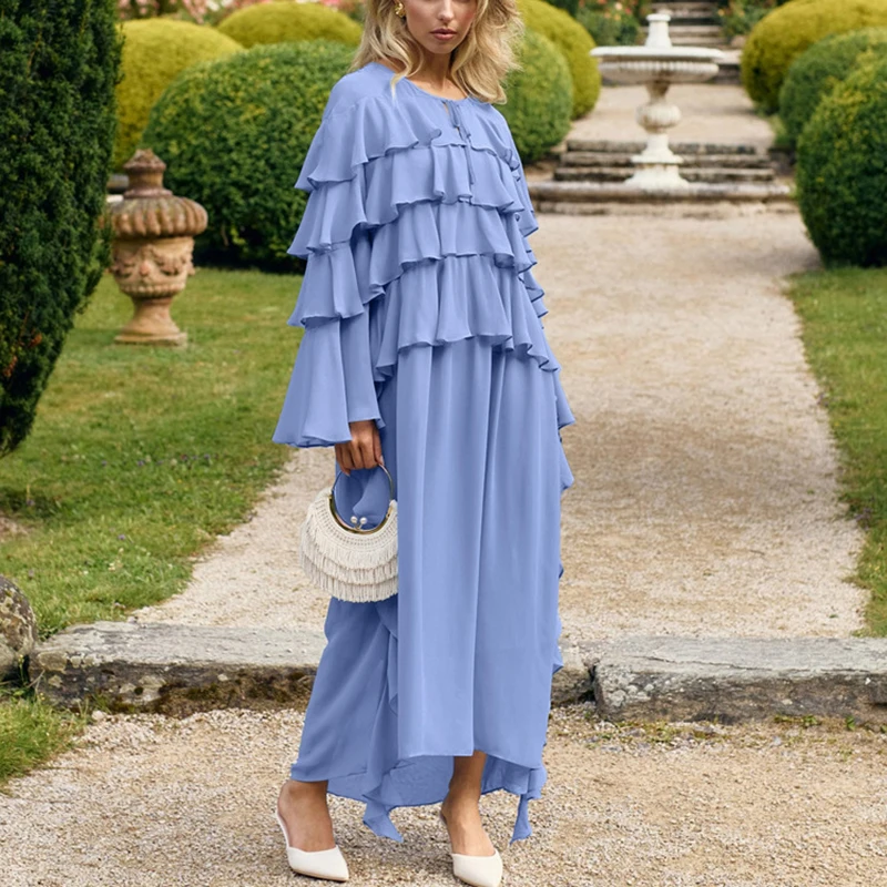 Tornova casual babados em camadas vestido longo feminino elegante solto rendas manga longa chiffon vestido de verão novo vestido feminino deslocamento