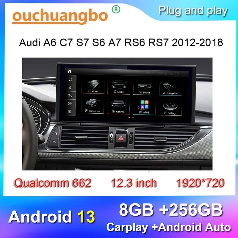 Ouchuangbo radio recorder for 12.3 inch A6 C7 RS6 RS7 S7 S6 A7 12-18 Android 13 stereo GPS navigation multimedia player carplay 