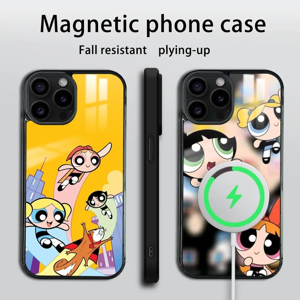 The P-Powerpuff Girls-s Phone Case For iPhone 16 15 14 13 12 11 Pro Max Plus Mini Mirror Wireless magnetic case