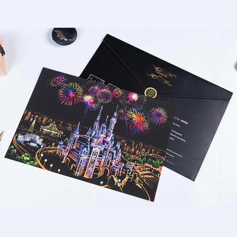 

Комплекты для рисования царапин для взрослого города Night View Raintain Rainbow Sketch Pad Diy Искусство