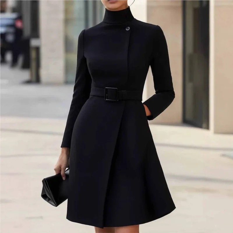 

Elegant Retro Long Sleeved Button A-line Dress Autumn Winter Women's Clothing New Casual High Tie Belt Pockets Mid Length Frock