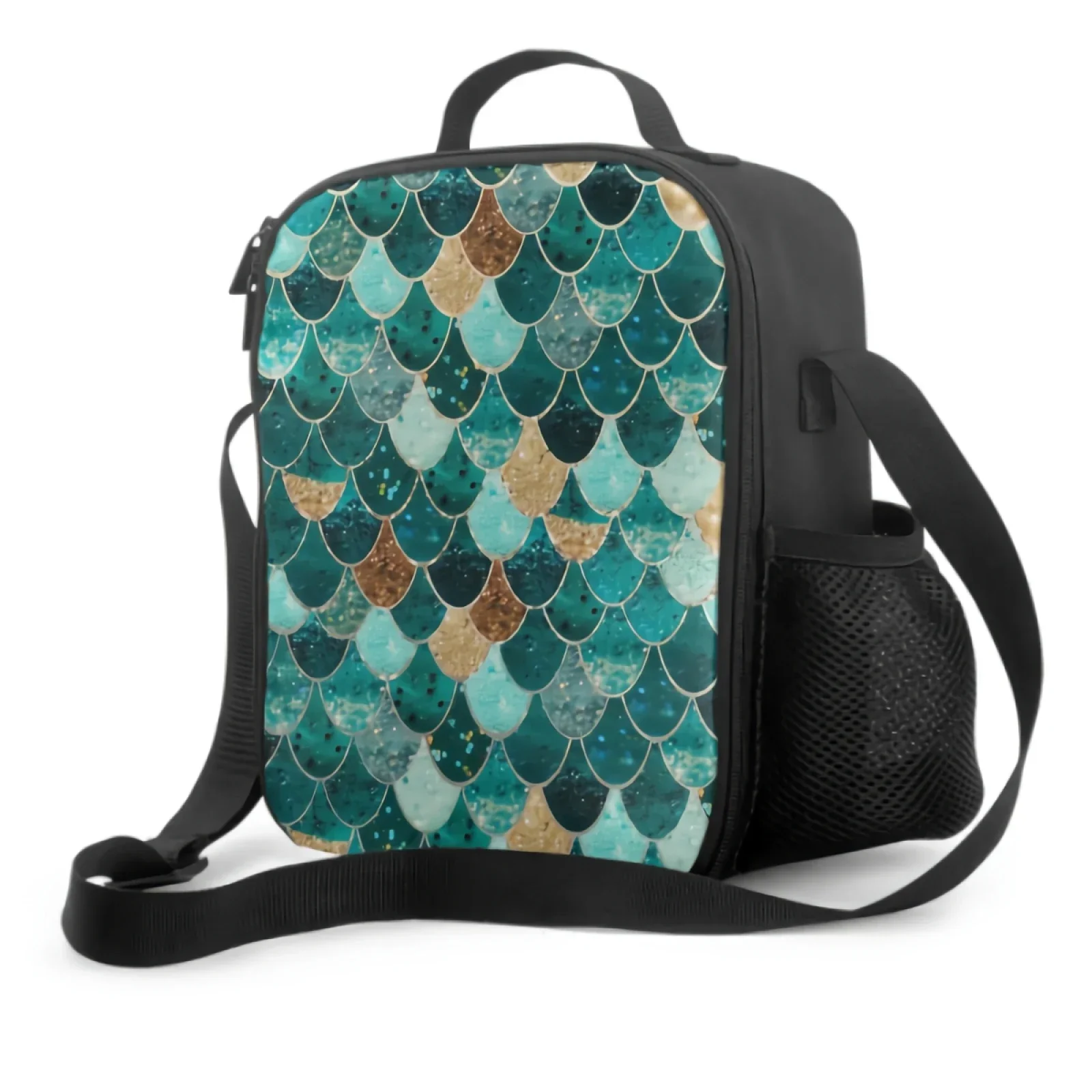

Turquoise Gold Mermaid Insulated Lunch Box Leakproof Portable Lunch Bags with Adjustable Shoulder Strap Reusable Cooler Tote Bag
