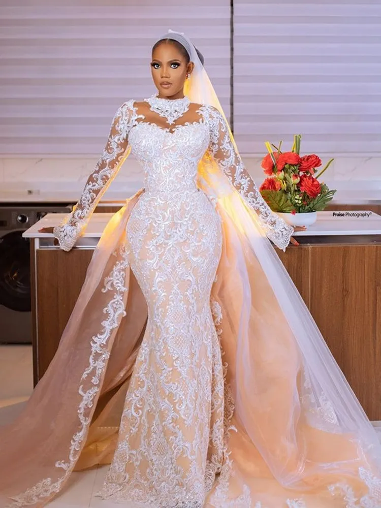 Ilusão personalizada gola alta renda apliques vestido de casamento árabe robe de mariée mangas compridas vestido de noiva com saia removível