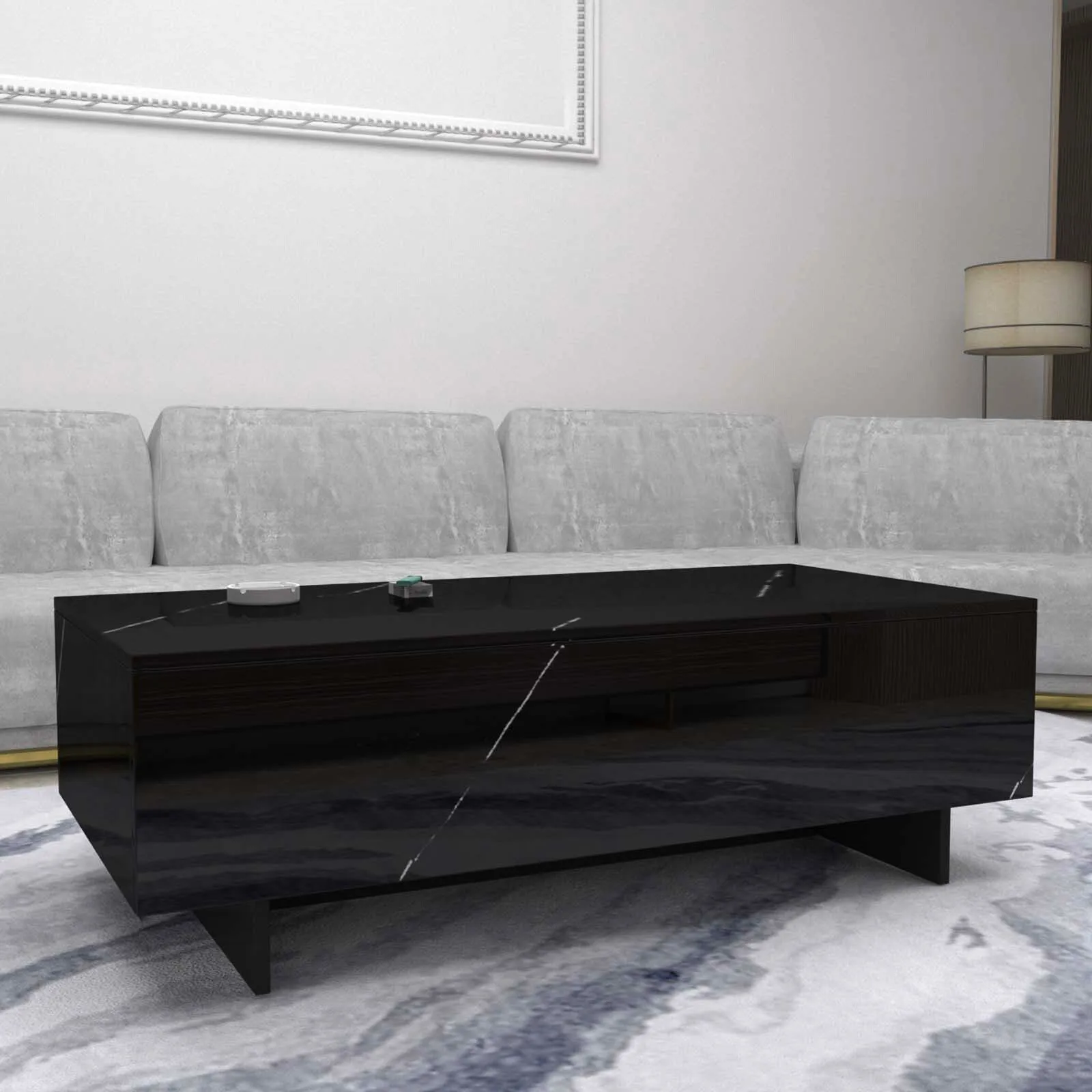 طاولات المقهى طاولة قهوة كبيرة باللون الأسود شديدة اللمعان مع قشرة رخامية لغرفة المعيشة الحديثة #5