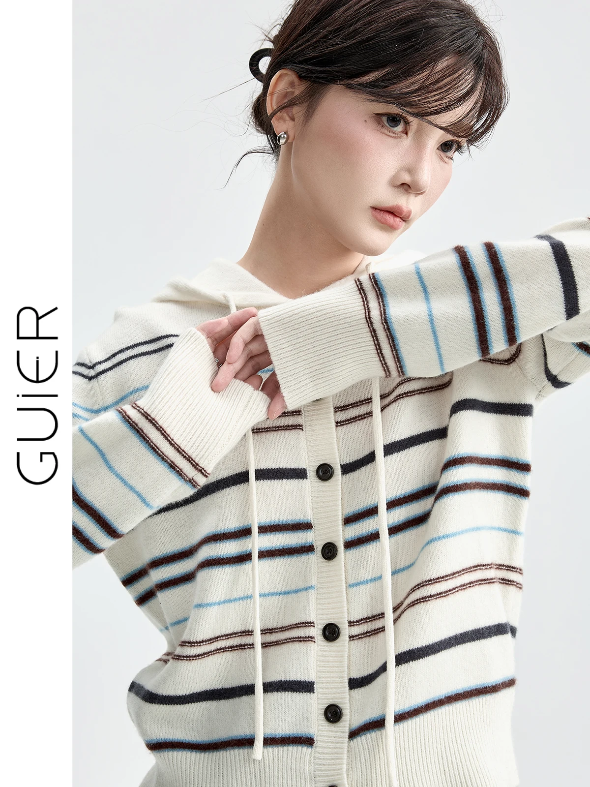 

Guier Color Blo Striped Knitted Open Cardigan Women's Faion Retro Sle Long Sve Hooded Top for Autumn Winter Season