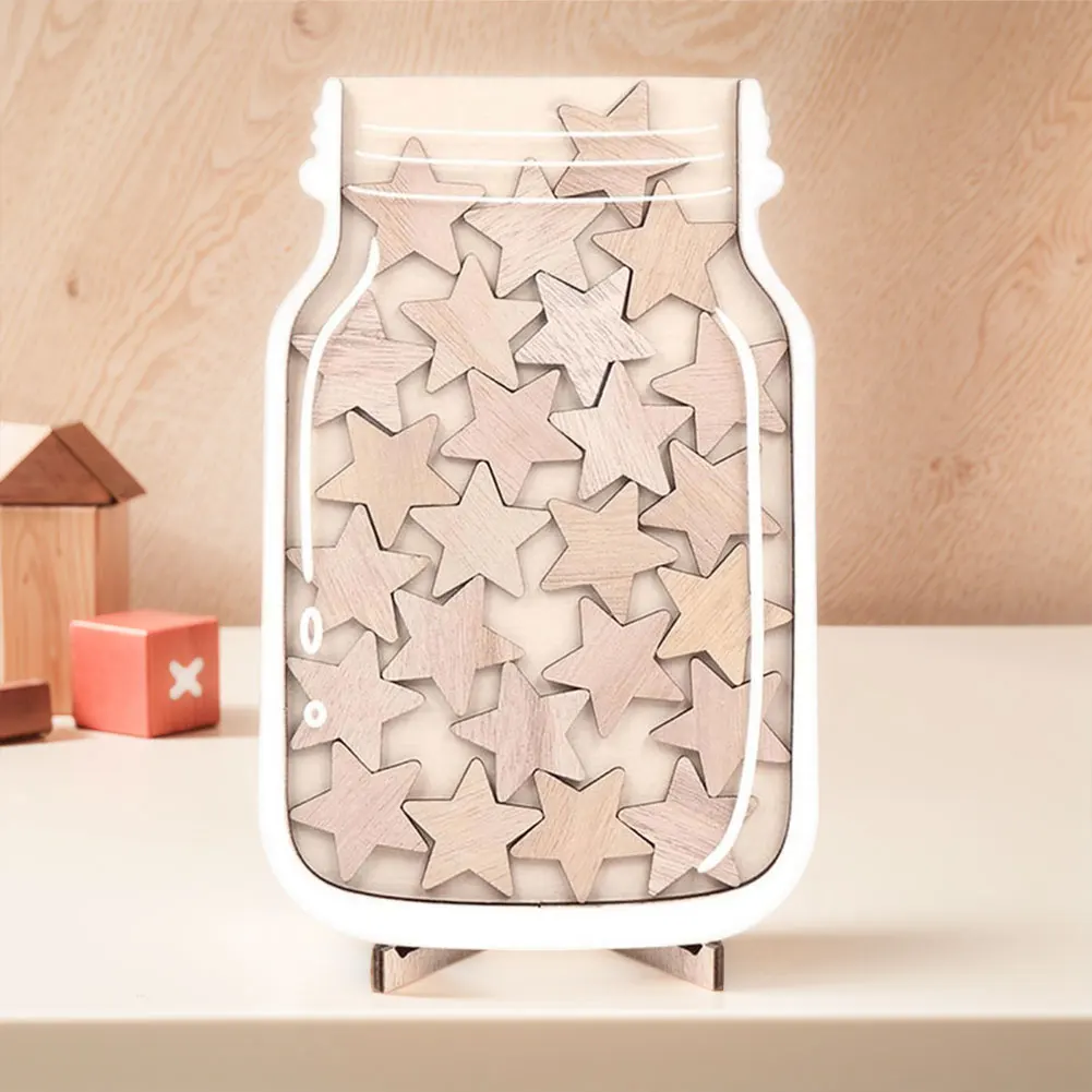 1Pcs Kids Reward Jar With Star Dinosaur Classroom Reward Jar with Standing Base Token Chore Chart Wooden Megnetic Reward Jar