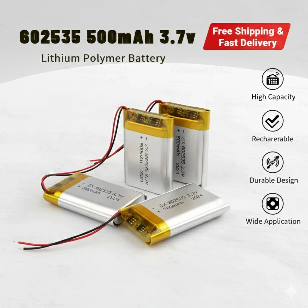

602535 3.7V 500mAh LiPo Battery Rechargeable Lithium Polymer Cells for GPS Tracker Pet Dog Trainer Heart Rate Monitor MP3 MP4