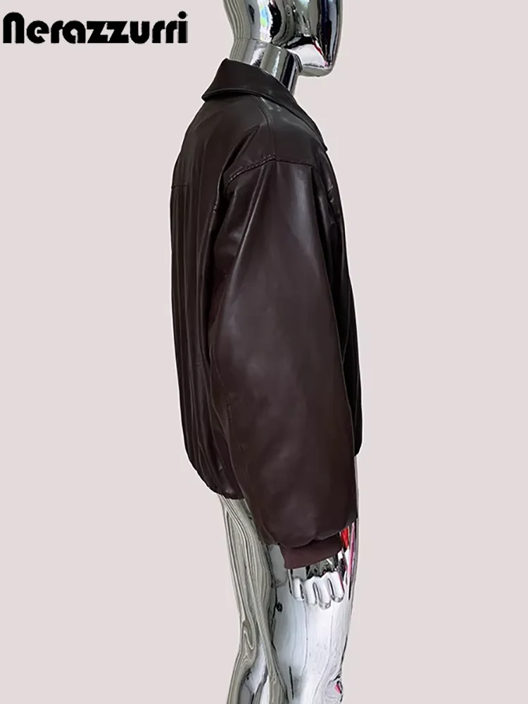 

Nerazzurri Autumn Winter Short Thickened Warm Brown Soft Faux Leather Jacket Men Zipper Loose Casual Korean Fashion Clothes 2025