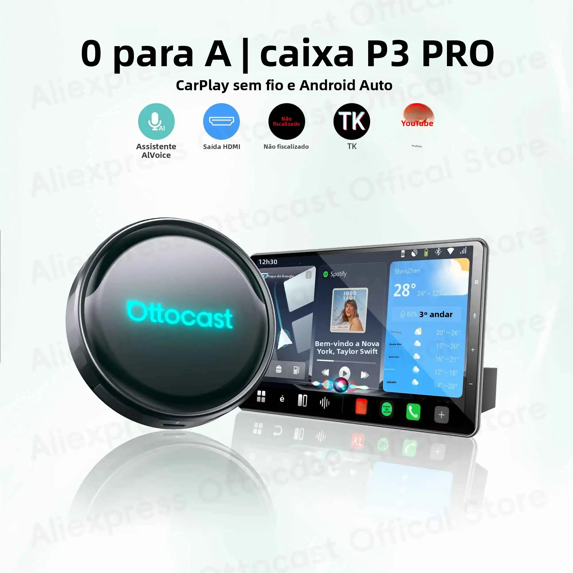 OTTOCAST P3 PRO AI Box Android TV Box para Saída HDMI, CarPlay Sem Fio, Acessórios para Carros Android Auto para Toyota, VW, Honda, Kia, Benz
