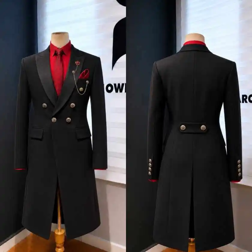 Elegant Double Breasted Wool Long Coat Men Back Vent Belt Design Groom Wedding Formal Business Outerwear Customized