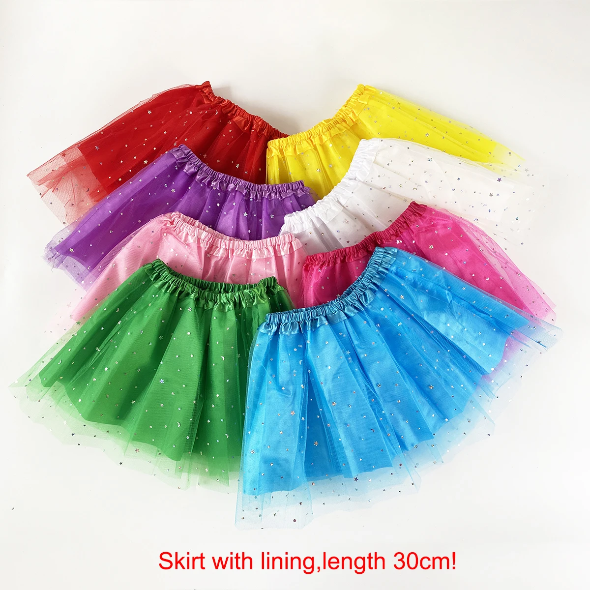 Verziert mit funkelnden Stern- und Mondaufnäher, Mädchen-Tutu-Rock mit Futter, Länge 30 cm, für Tanzkleid