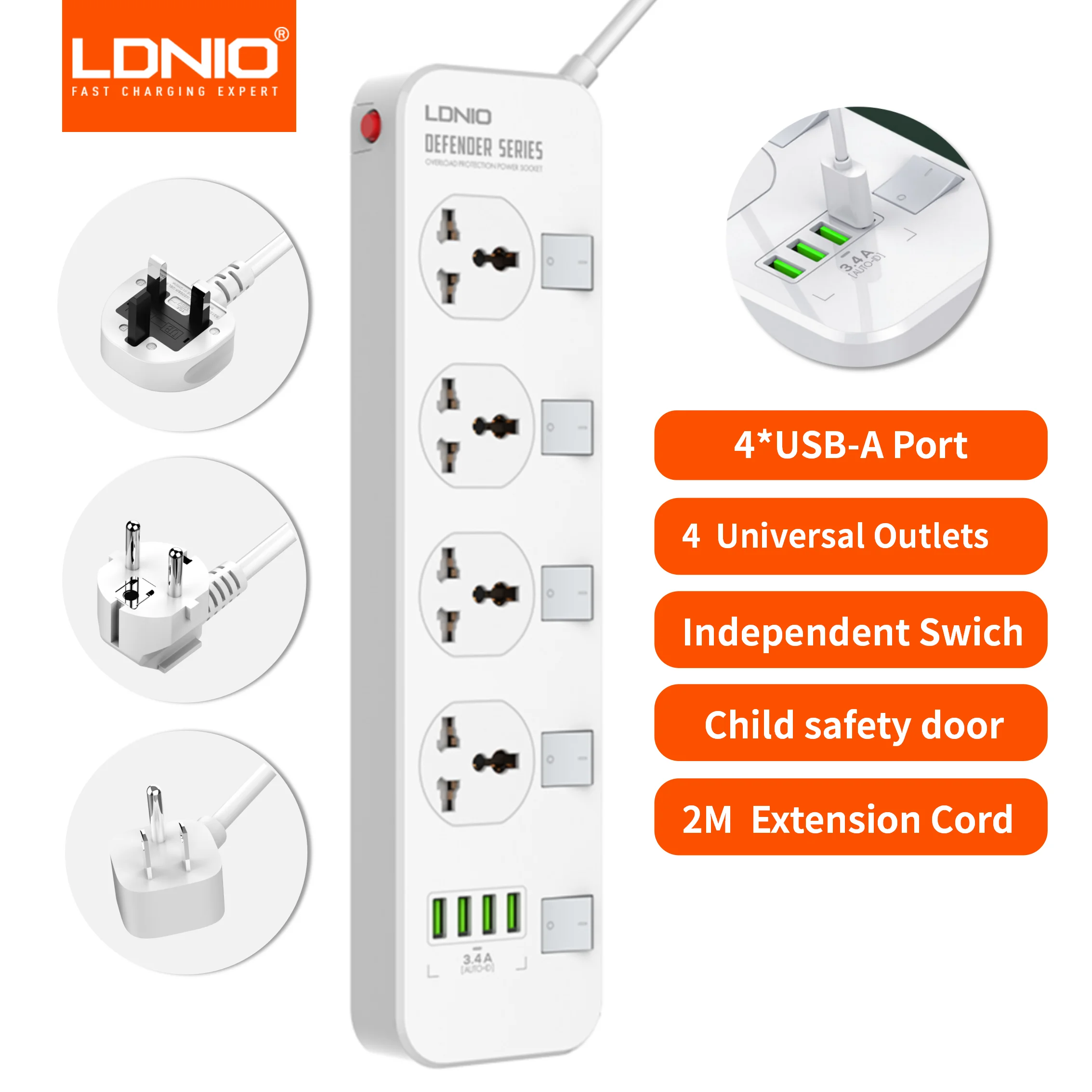 

LDNIO Power Socket 4 Outlets 4 Usb Charging Ports Switched Power Strip With 2M Wall Mountable Universal Power Strips