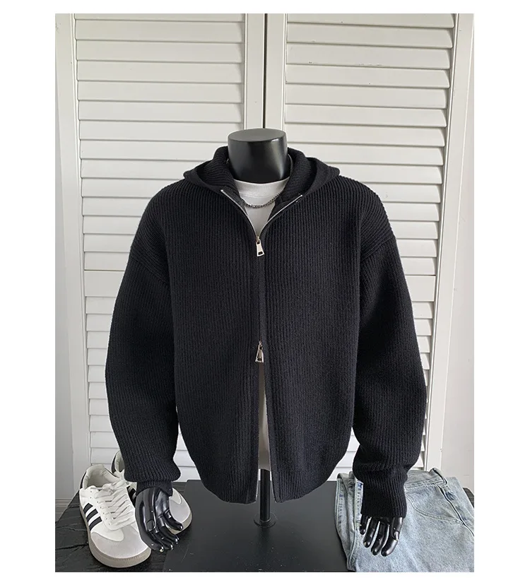 2026 New Autumn Winter Simple Solid Color Knitted Hoodie Men Japan Korean Fashion Casual Loose Double Zipper Hooded Jacket