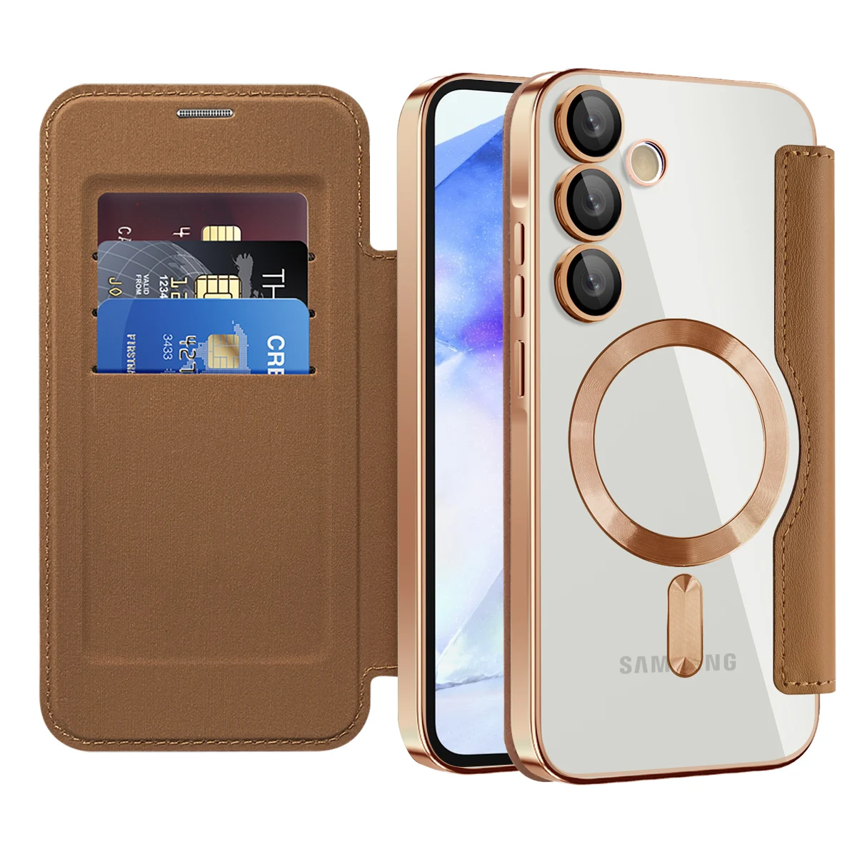 

For Samsung Galaxy A55 A35 A15 Case 5G Leather Magnetic Card Slot wallet Clear Back Cover Plating Frame Shockproof Phone Case