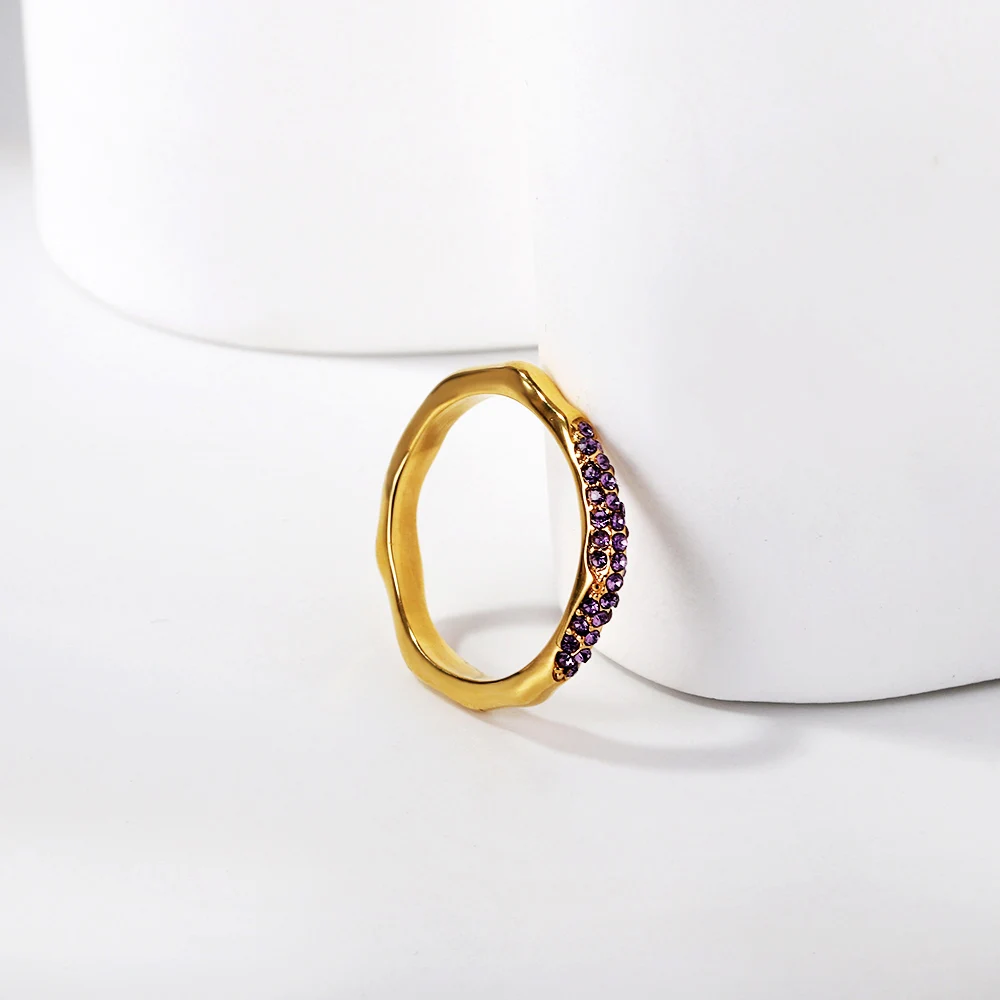 LUXUSTEEL Simple Irregular Rings Purple CZ Zircon Engagement Band Ring Romatic Summer Party BFF Jewelry Gift For Women Lady