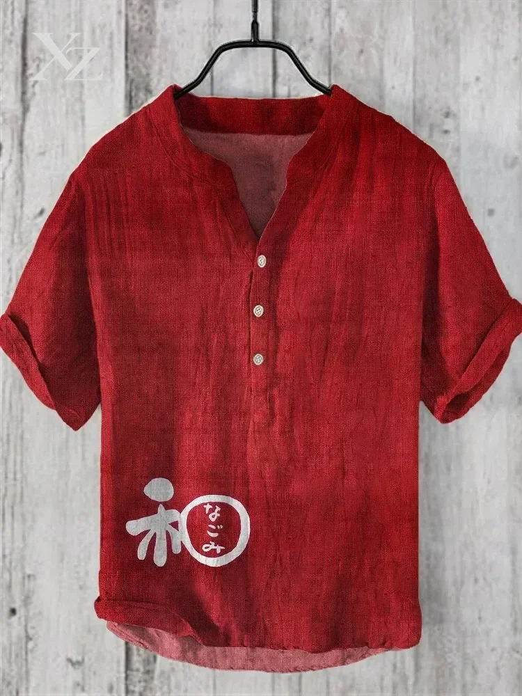 Men's Japanese Word Art V-Neck Short Sleeve Shirt Retro Casual Daily Texture Fabric Blouse Harajuku 6 Colors