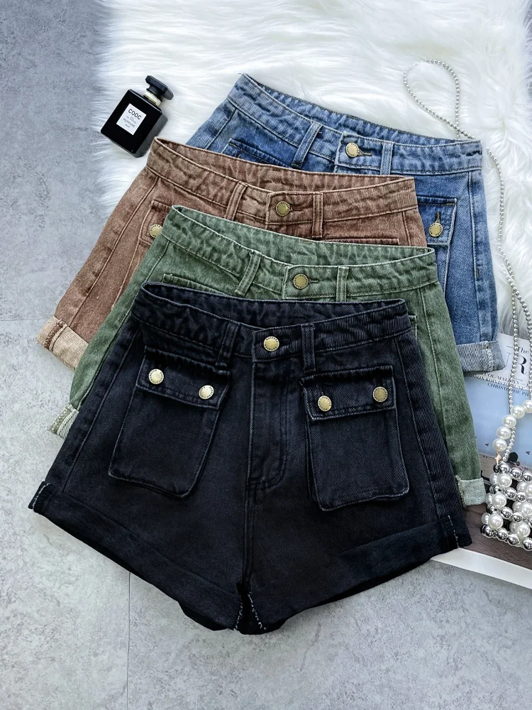Damen-Jeansshorts, modisch, große Taschen, lässige Cargohose, vielseitige Jeans mit gerolltem Rand und weitem Bein, coole Mädchen-Hotpants in A-Linie
