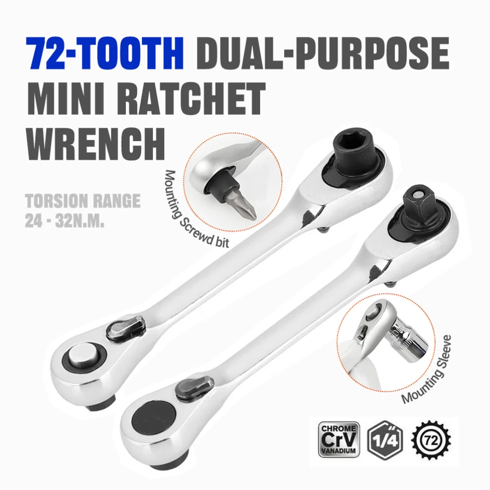 

Компактный двухсторонний ключ-трещотка 2-в-1, мини, 72 зубца, привод 1/4 дюйма, быстросъемный, для обслуживания в труднодоступных местах