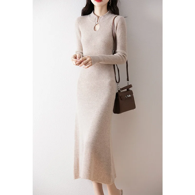 Chinese Style 100% Australian Wool Dresses 2024 Autumn/Winter Cashmere Knitted Jumpers Long Dresses Female Long Sleeve Sweaters