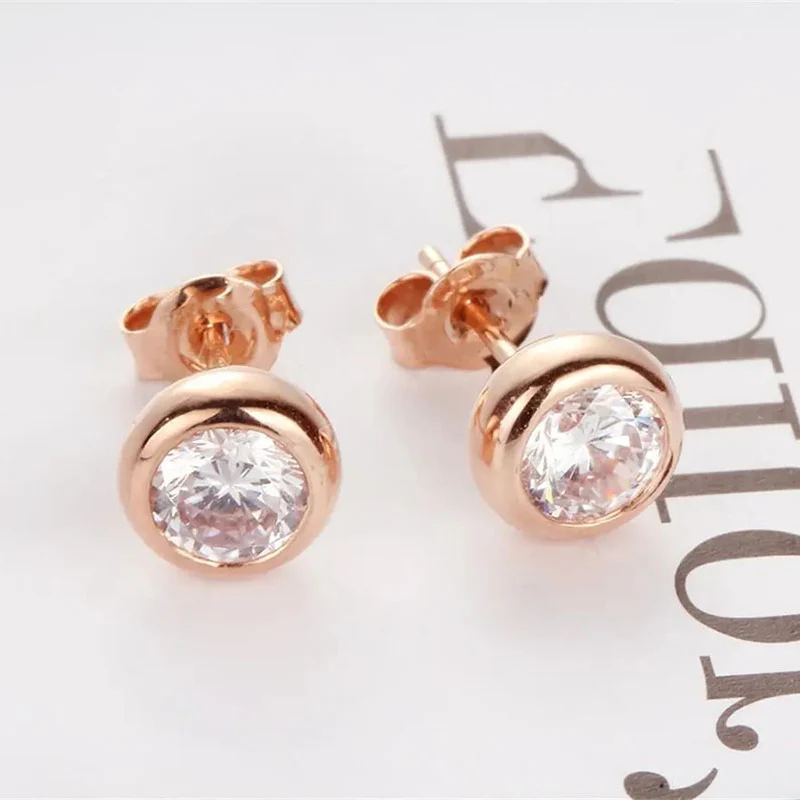 585 Purple Gold Plated 14K Rose Gold Round Diamond Glossy Earings Stud  Elegant Classic Earrings for Women Party Jewelry