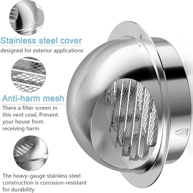 Stainless Steel Wall Ceiling Hood Air Vent Ducting Ventilation Exhaust Grille Cover Waterproof Outlet Heating Cooling Vents Cap 2