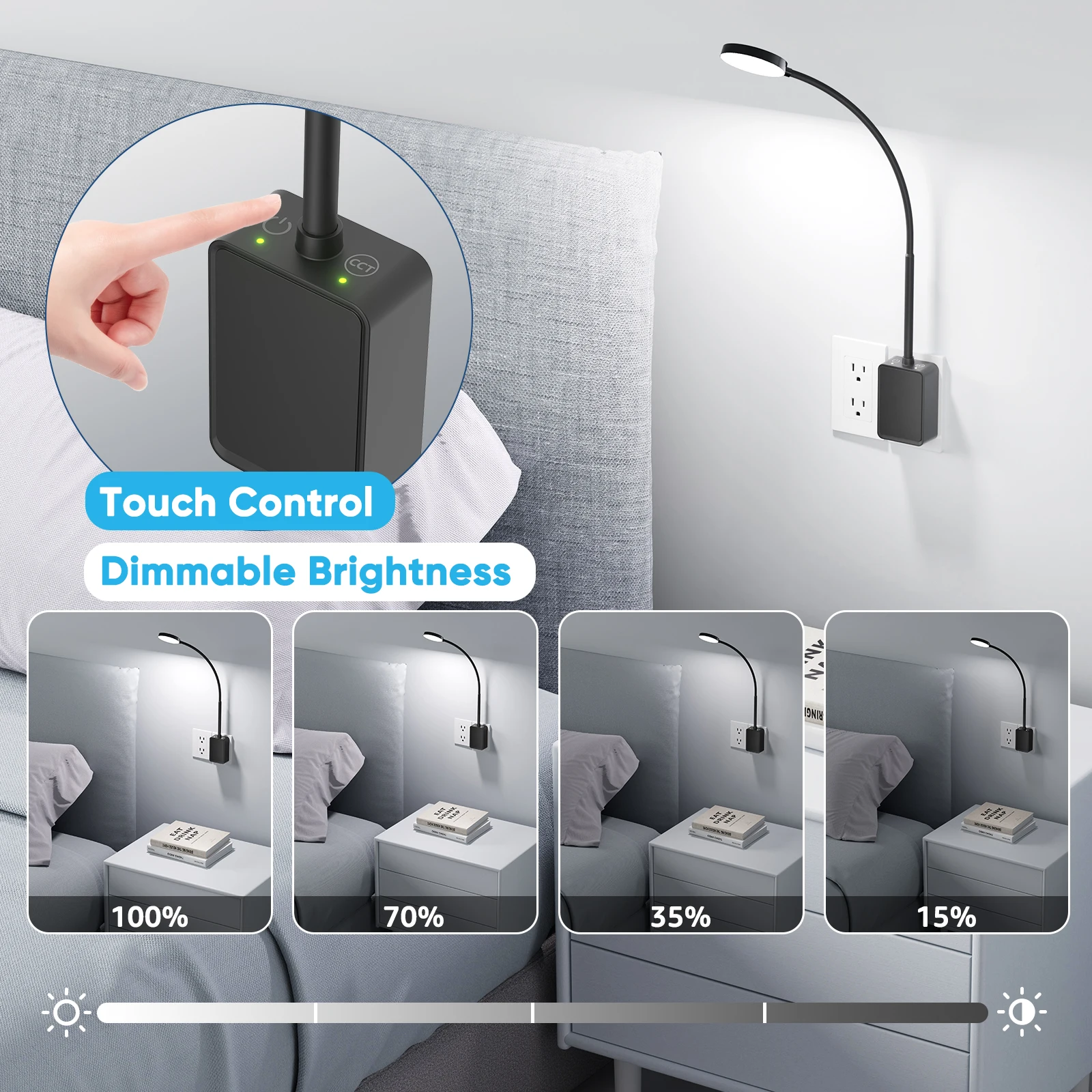 Plug in Dimmable LED Reading Light for Books in Bed, Black Flexible Wall Mounted Lamp for Outlets in Bedroom, Dual Touch Switch