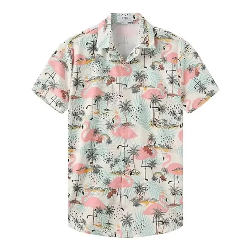 Splicing Pink Watercolor Flamingo Print Short Sleeved Shirt, Loose Daily Couple Beach Shirt for Men and Women