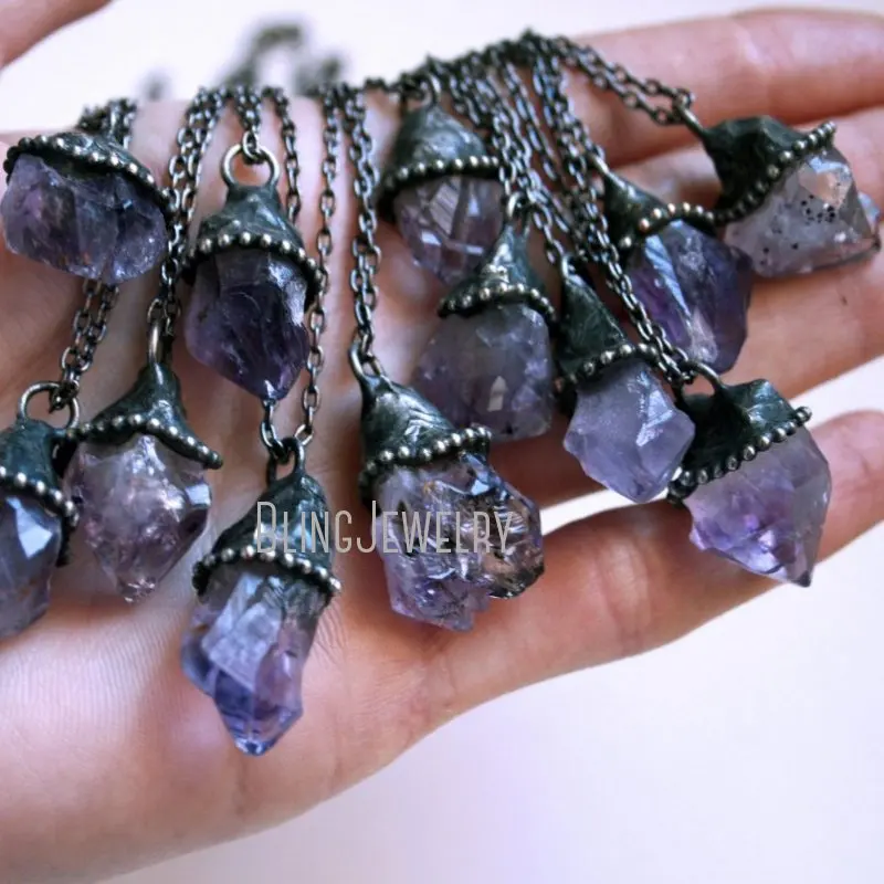 Amethyst Crystal Point Witch Pendant Talisman Gothic Steampunk Witchcraft Necklace Women Goth Vampire Halloween Emo Jewelry