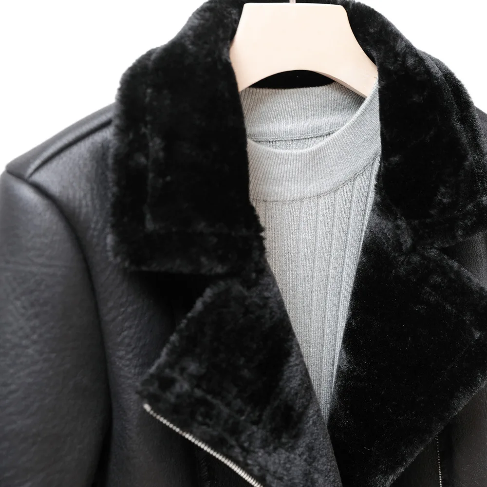 2023 New Women High-End Fur Integrated PU Leather Coat Winter Female Temperament Casual Warm Leather Outwear Motorcycle Jacket