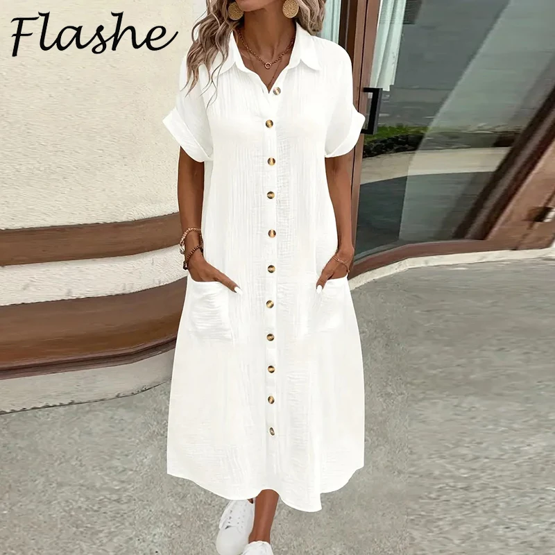 Frauen Mode Sommer Midi Kleid V-ausschnitt Button Up Urlaub Kleider Frauen Baumwolle Leinen Weiß Kurzarm Tasche Casual Hemd Kleid