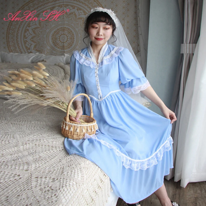 

AnXin SH vintage princess blue chifon white flower lace v neck half puff sleeve beading pears zipper party a line evening dress