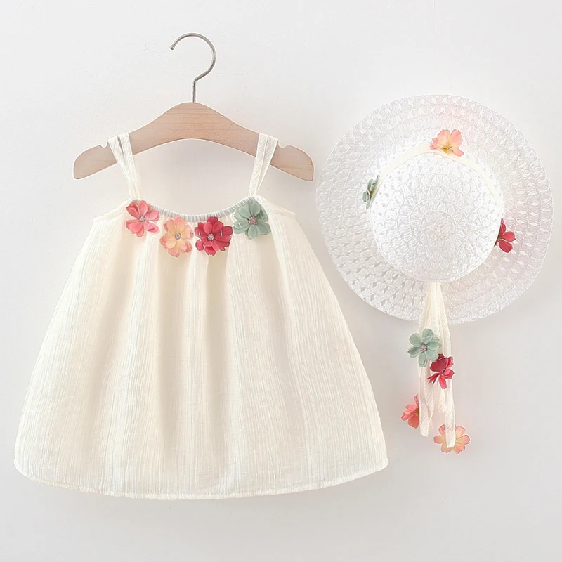 

2Piece Set Summer Toddler Girl Clothes Korean Cute Flower Sleeveless Cotton Baby's Dresses+Sunhat Kids Dress Newborn Items BC043